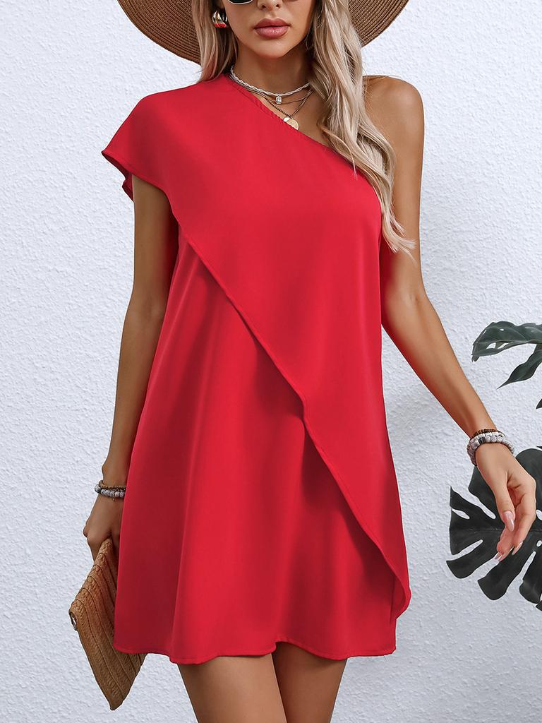 Seductive Two-Piece Slanted Shoulder Dress Summer Holiday Style Sleeveless A-Line Midi Skirt
