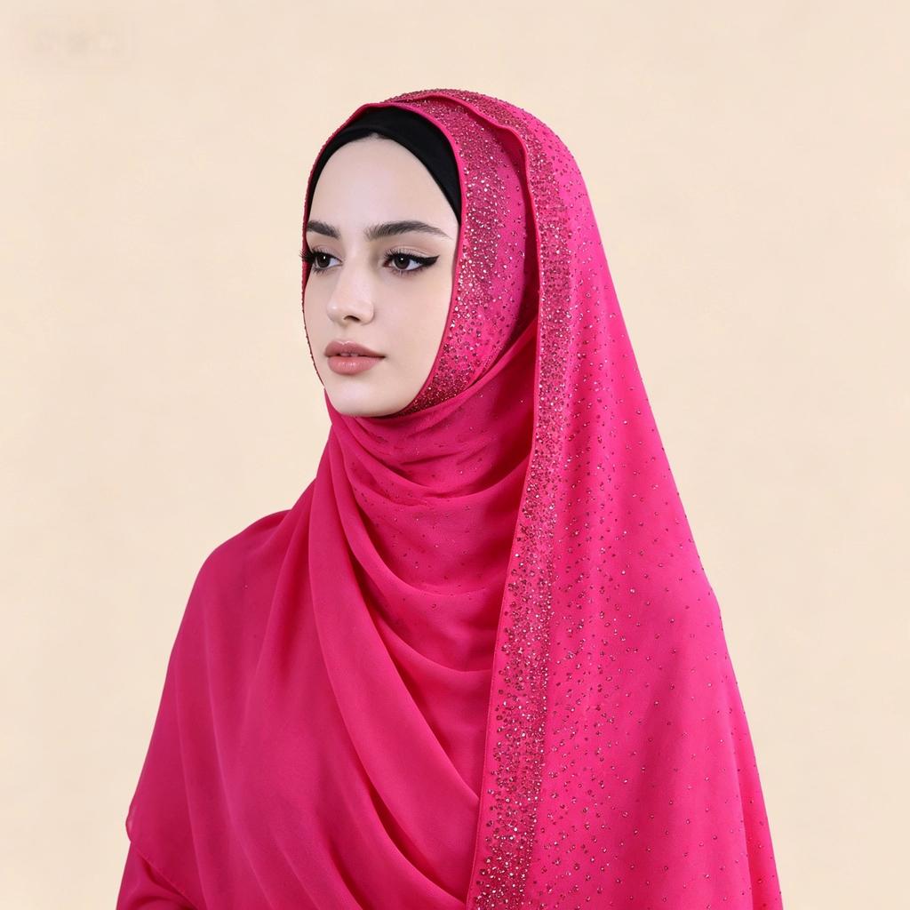 Full Cover Rhinestone Chiffon Scarf Solid Color Breathable Prayer Hijab Crinkle Shawl