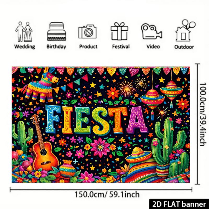 The 2D Background Image of the Carnival Themed Party Features Colorful "Fiesta" Text In the Center