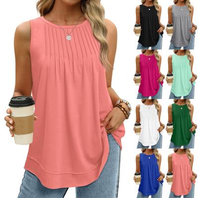 Womens Summer Fashion 2024 Tank Tops For Women Loose Fit Pleated Sleeveless Shirts With Curved Hem Flowy Clothes