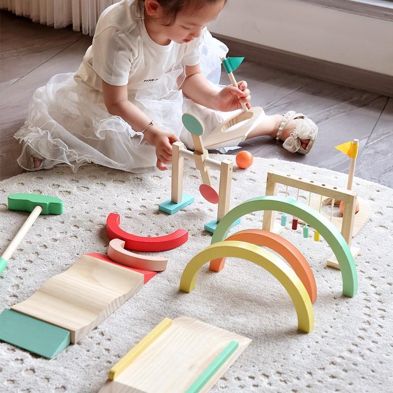 Children's Rainbow Simulation Golf Balance Training Game Indoor Outdoor Sports Set Wooden Toys