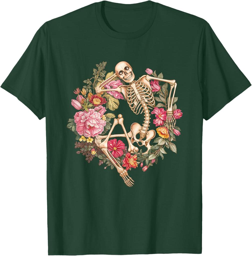 Blommigt Skelett Goth Halloween T-shirt Cool Dödskalle Grafiskt Tryck Bomull Avslappnad T-shirt