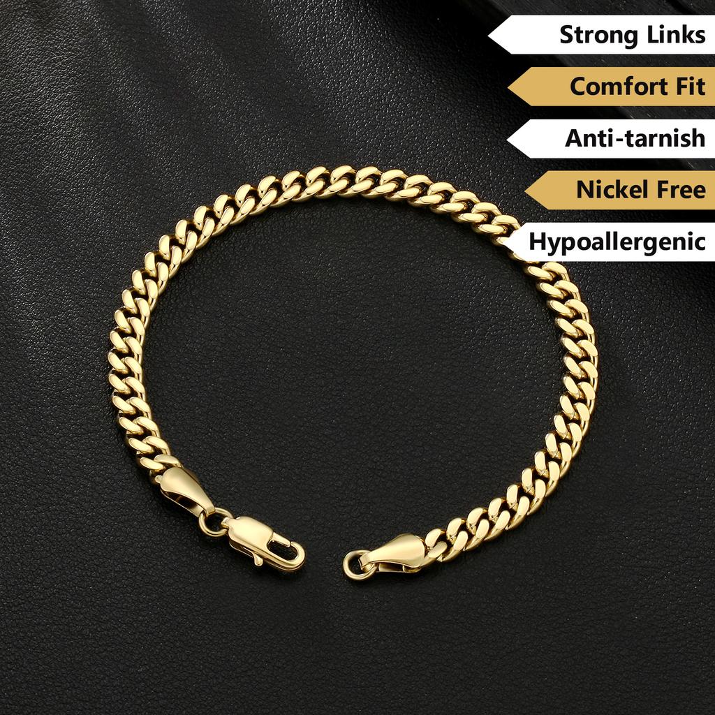 USA Warehouse 14K Gold Plated Cuban Link Chain 5mm Stylish Jewelry Gifts Miami Stainless Steel Wrist Bracelets for Men Women