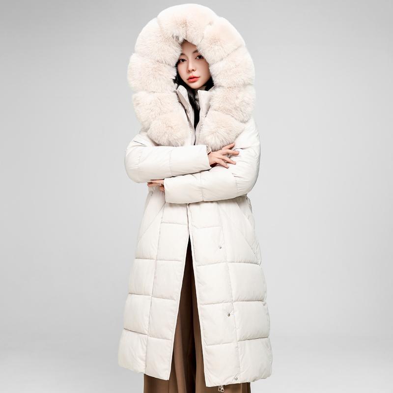 Dam Vinter Långa Kappor Med Huva Stor Fuskpäls Krage Elegant Tjock Varm Vinterparkas Kvinnlig Jacka Med Bälte