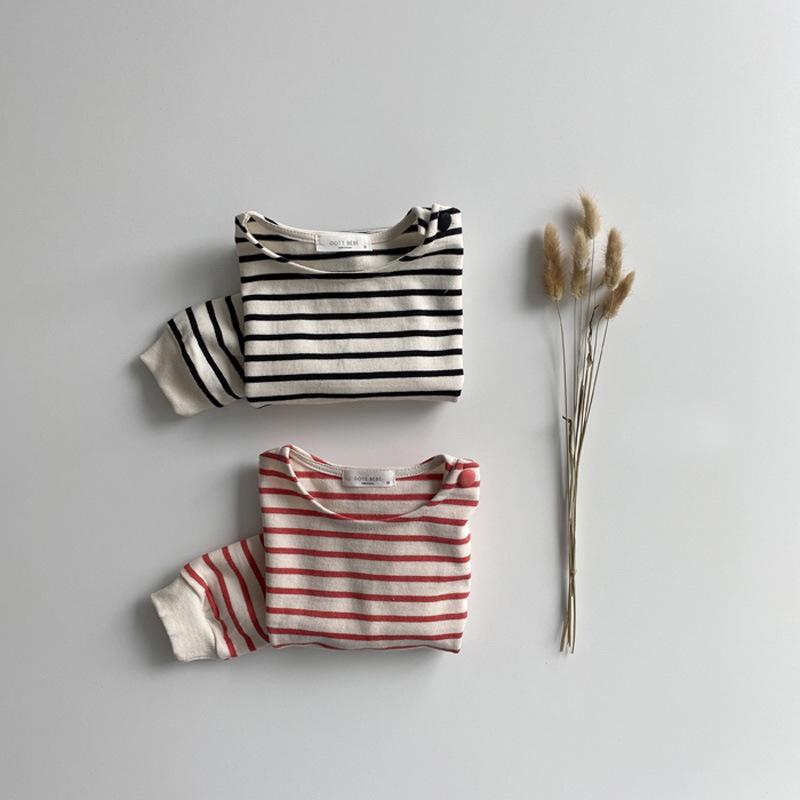 2025 Koreanisches Gestreiftes Rundhals Langarm-T-Shirt für Kleinkinder mit Schulterknöpfen - Frühling/Herbst Stil.