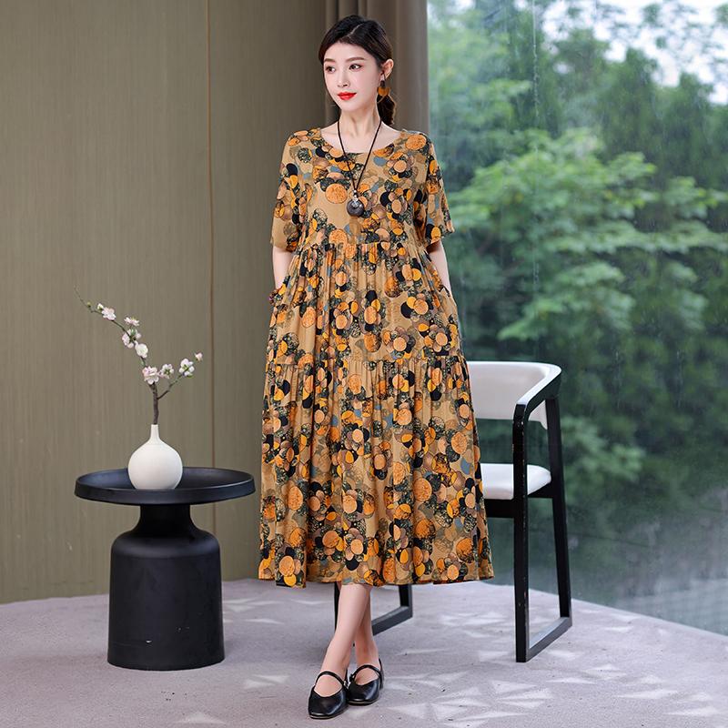Plus Size Floral Dresses for Women Oversize Loose Short Sleeve Summer Long Dress Middle-aged Women Summer Sundresses