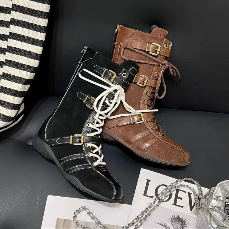 Cowhide version~ 5cm inner height increase thick-soled boxing boots women's upgraded version duck hunting boots belt buckle design Martin boots sho