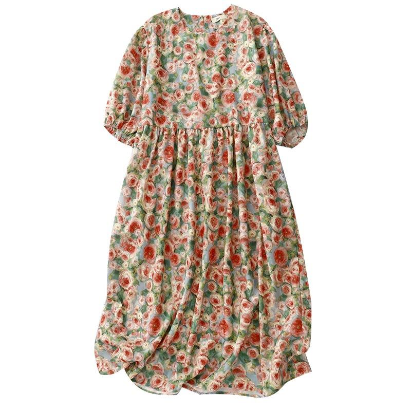 Retro oil painting style dress women's 2025 summer new loose Mori temperament bubble sleeve floral dress