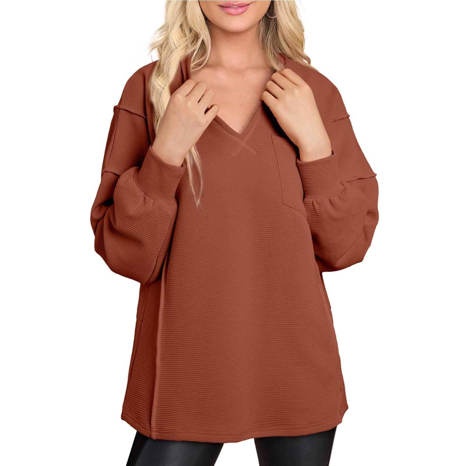 

Женская мода 2024 года, трикотажная блузка с длинным рукавом и V-образным вырезом, повседневные пуловеры с карманом S хаки