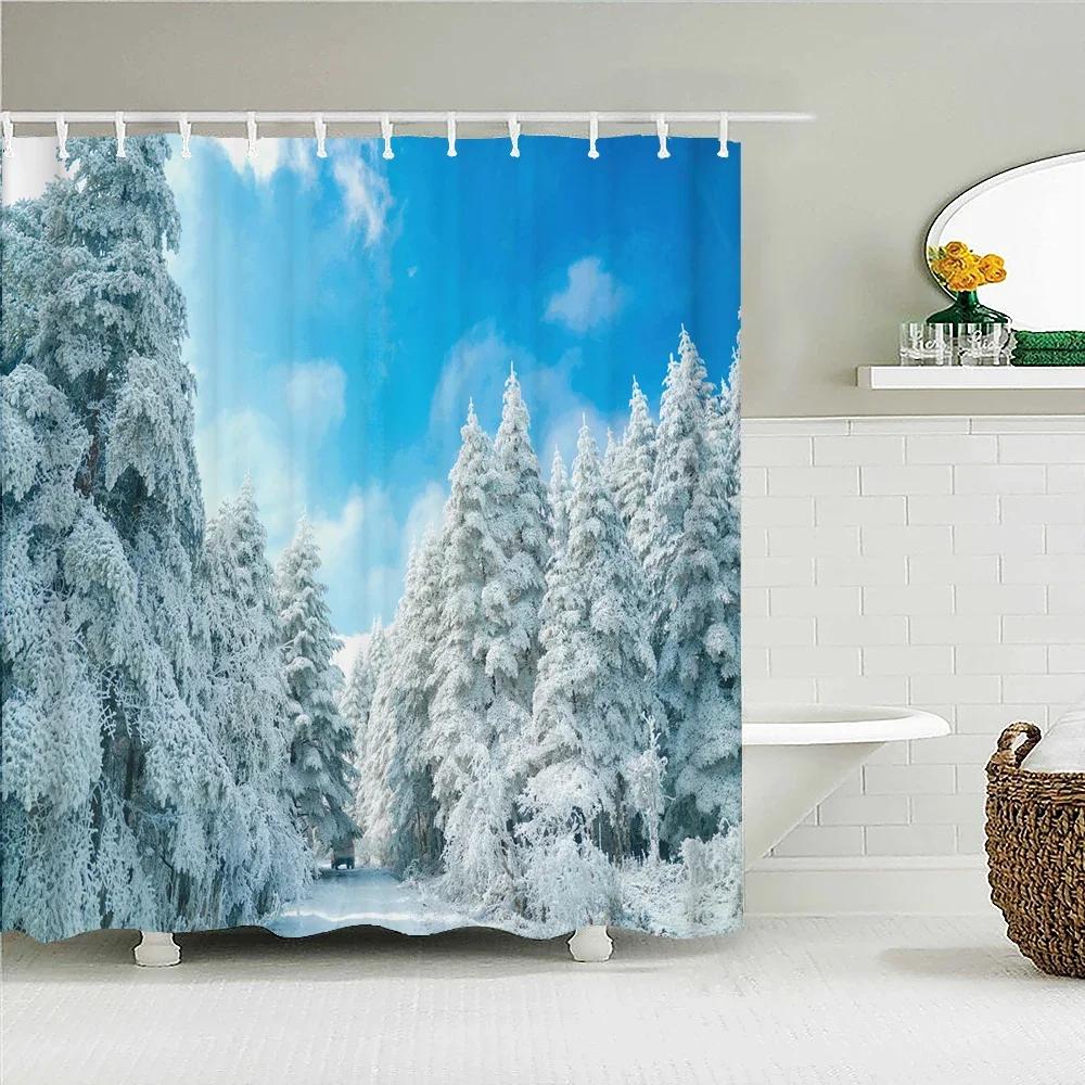 Natural landscape Snowflake Cedar Tree Shower Curtains Bathroom Curtain Frabic Waterproof Polyester Bath Curtain with Hooks