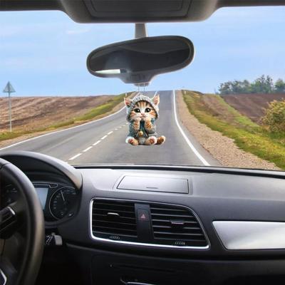 2D Car Pendant Hanging Ornament With Chain Realistic Hanging Interior Car Cat-Shaped Decor Mirr W3P9