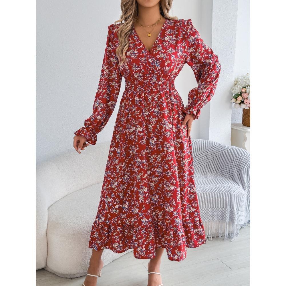Women's Elegant Floral Cross V-Neck Waist Ruffle Long Dresses