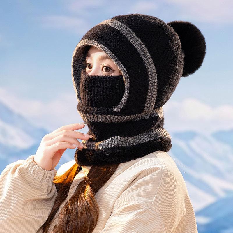 

Флис теплая вязаная шапка женская зимняя холодная шарф-маска цельная шерстяная шапка для улицы для велоспорта утолщенная scarf mask one-piece hat, warm and elastic.