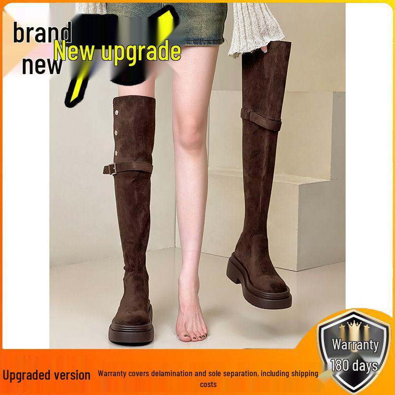 Women's 2025 Aut/Win Thick-Soled Over-the-Knee Foldable Knight Boots - Chunky Heel in Black/Khaki
