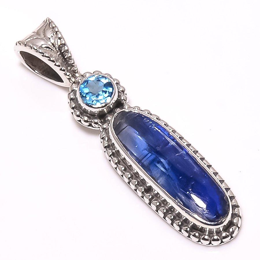 Natural Kyanite,Blue Topaz Gemstone 925 Solid Sterling Silver Pendant 1.38" Y6c10