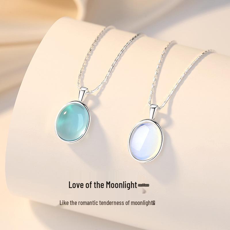 Tichya S925 Sterling Silver Moonstone/Aquamarine Necklace – Niche Design Oval Snake Chain for Women