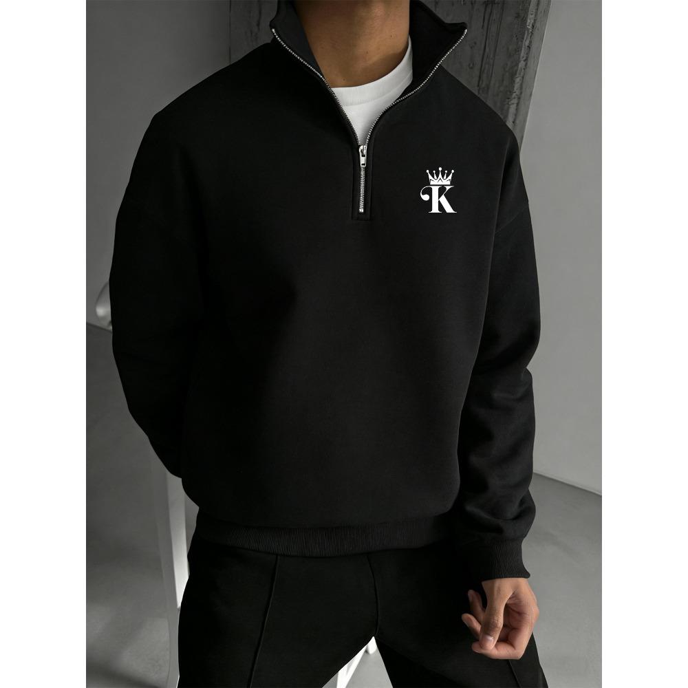 Minimalist Crown Letter K Print Half Zip Stand Collar Sweatshirt, Light Mature Style Casual Loose Pullover Top S чёрный