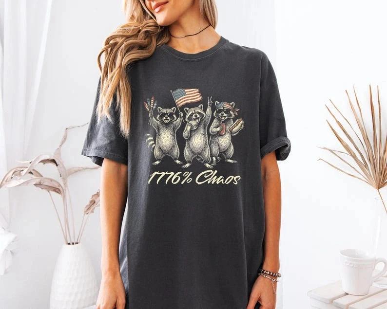 Patriotic Raccoon 1776 Chaos Shirt USA Flag Funny 4th July Tee S