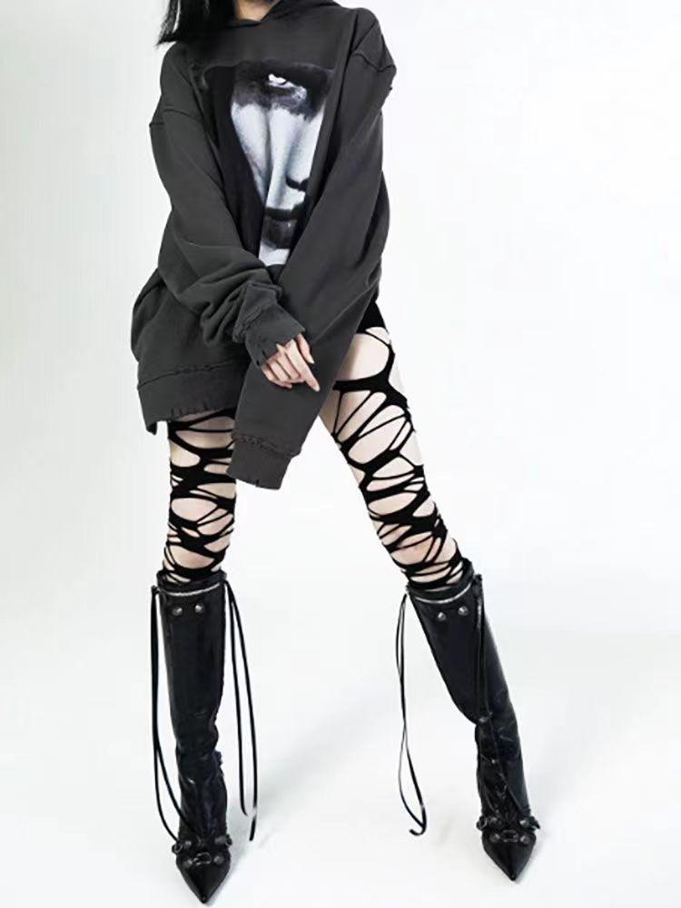 Irregular Hollow Fishnet Women Thigh High Stocking Gothic Sexy High Elastic Pure Color Stockings