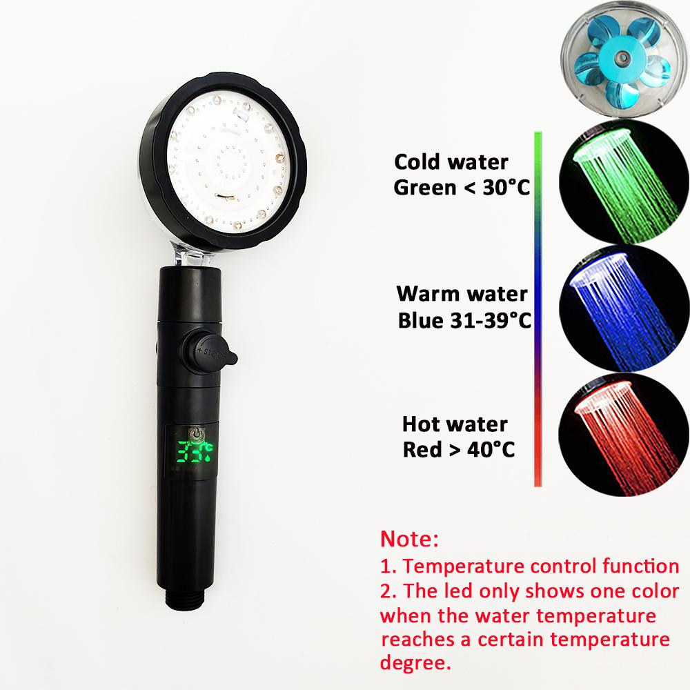 New 3/7 Colors Temperature Display Led Shower Head Turbo Fan Propeller Filtered Showerhead One Key Stop Bathroom Accessories