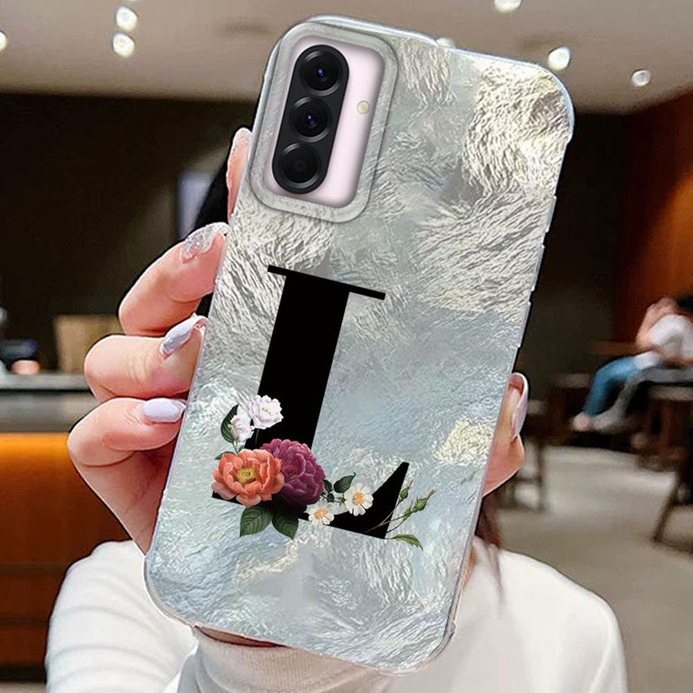 Black A-Z Letter Flower Laser Gradient For Samsung Galaxy A16 A36 A56 Phone Cases Cover Silicone Clear Soft Protect Back Bumper Hard PC Back Cover