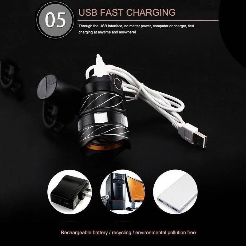 Beste Mountainbike-Lichter mit Blitzfunktion für Nachtfahrten, superhelles, wasserdichtes T6-LED-Fahrradlicht mit kostenlosem Zoom, wiederaufladbares Fahrrad über USB