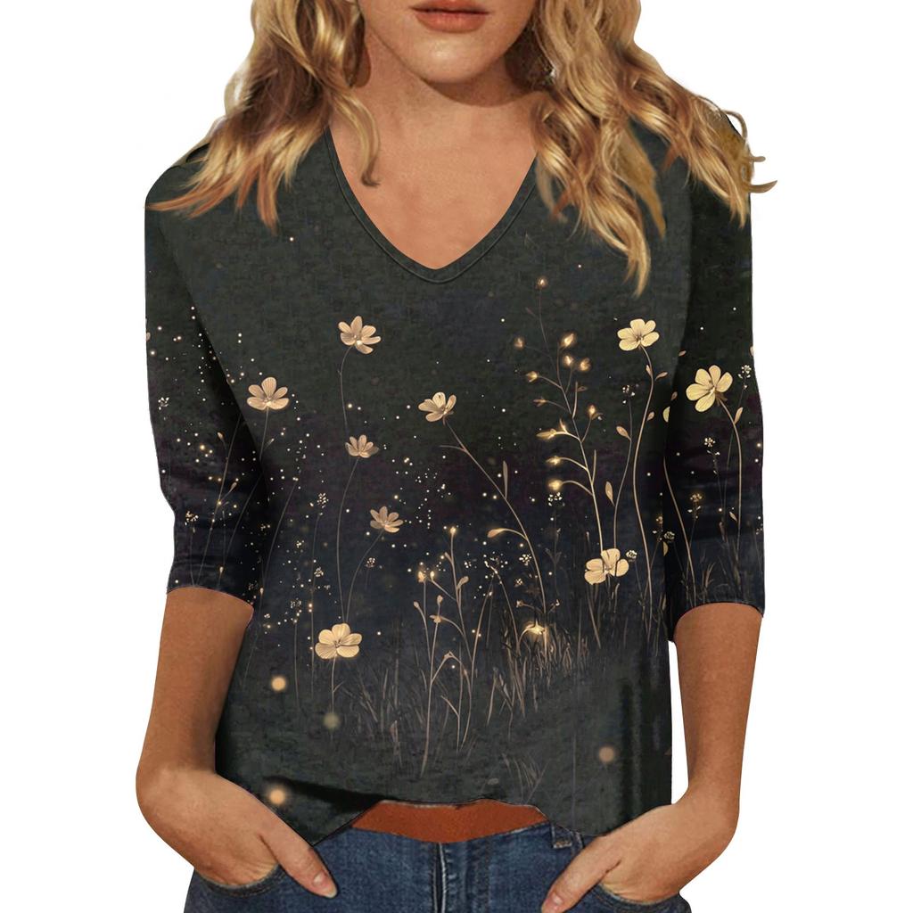 Women's Tops Three-quarter Sleeve Shirt V-neck Loose Casual Shirt Floral Print T-shirt