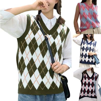 Women Streetwear Preppy Style Knitwear Tank V Neck Argyle Plaid Knitted Sweater