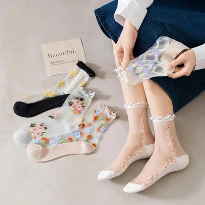 Chaussettes à volants Lolita Kawaii pour femmes, chaussettes d'été ultra-fines transparentes en soie cristal, broderie florale, chaussettes longues en nylon mignonnes pour filles