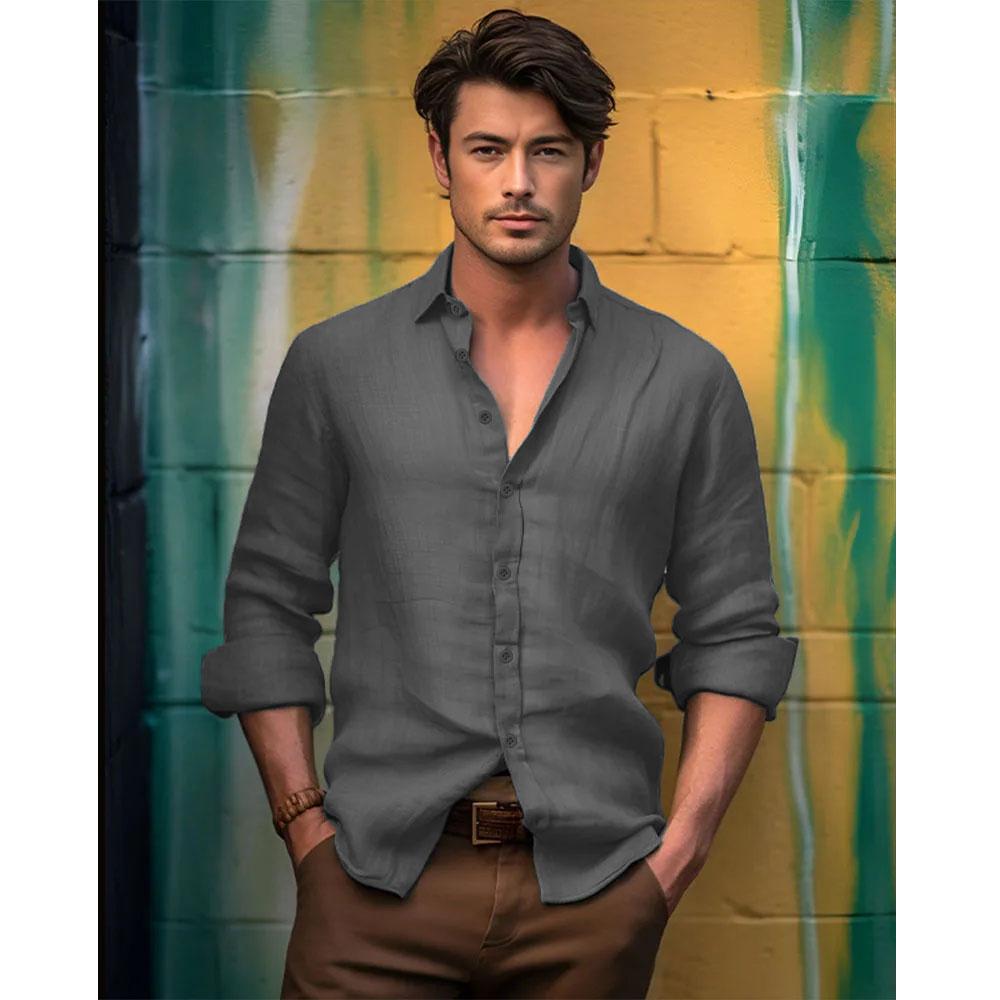 

Мужские рубашки Slim Fit с длинным рукавом из хлопка и льна для мужчин, деловые повседневные рубашки на пуговицах, легкие дышащие рубашки M серый