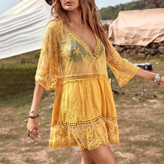 Bikini Cover Up Lace Hollow Out Summer See Through Sun Protection Swimwear Tunic for Beach
