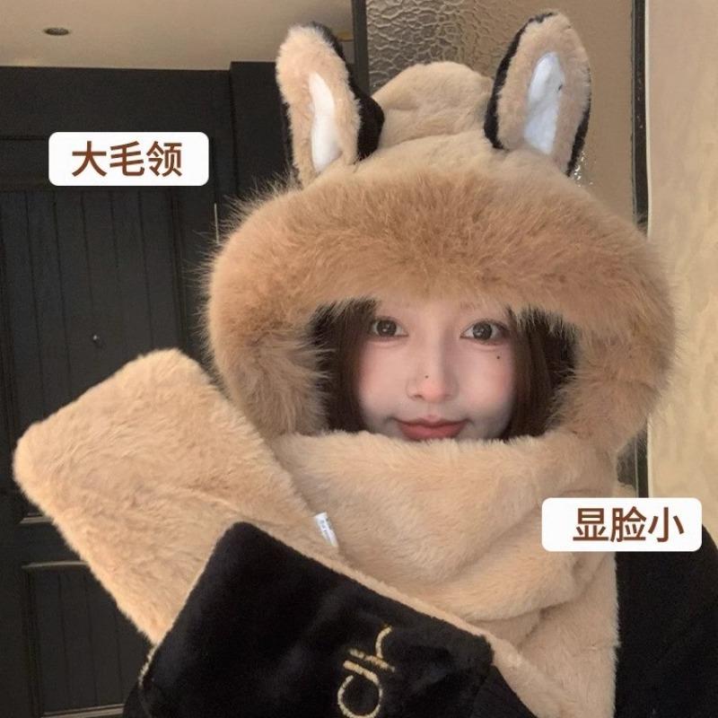 Cute Firefox Hairy Hat Scarf Gloves Integrated Women's Winter Warm Cold Ear Protection Riding