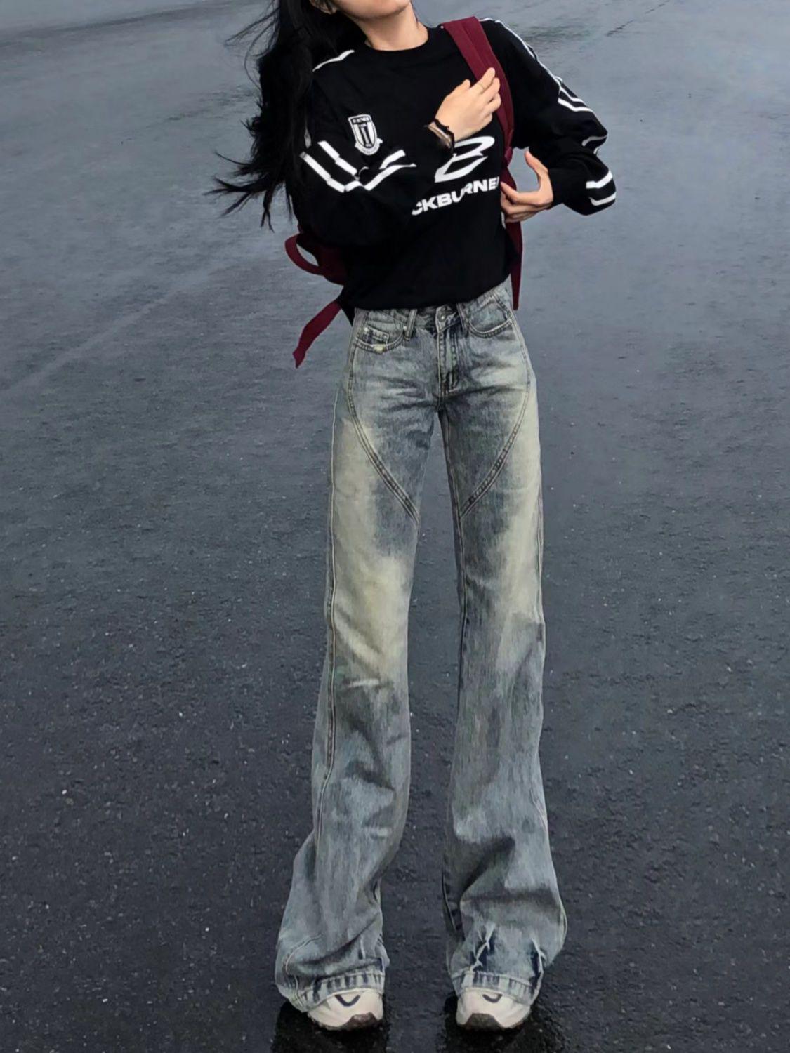 

Женские джинсы ретро микро-клеш с низкой посадкой - стройнящие широкие брюки до пола S синий