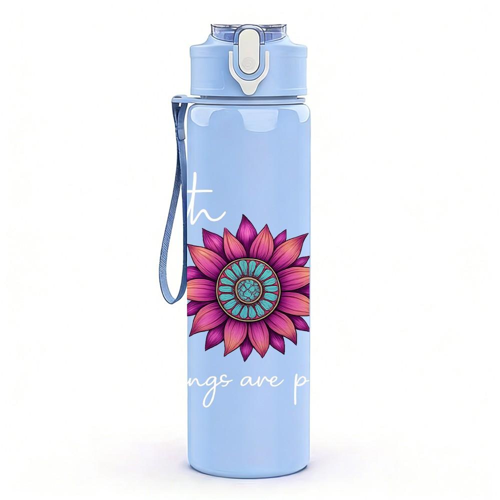 1PC God Flower Circle Pastel 750ml Color Plastic Sports Water Bottle Leakproof Flip Straw Lid Suitable for Sports Office Home Use