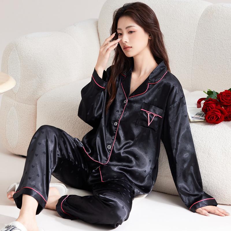 French Cute Cat Ice Silk Pajamas Women'S Spring And Autumn Sweet Wind Cool Long-Sleeved Loungewear Suit Can Be Worn Outside