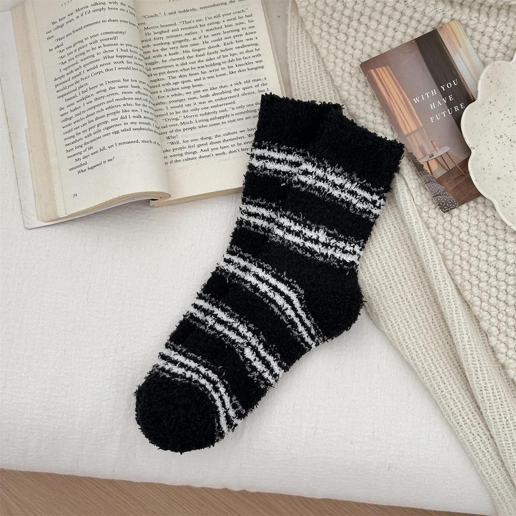 Non-Shedding Ladies Coral Fleece Striped Sleep Socks - Soft Home Slipper Socks