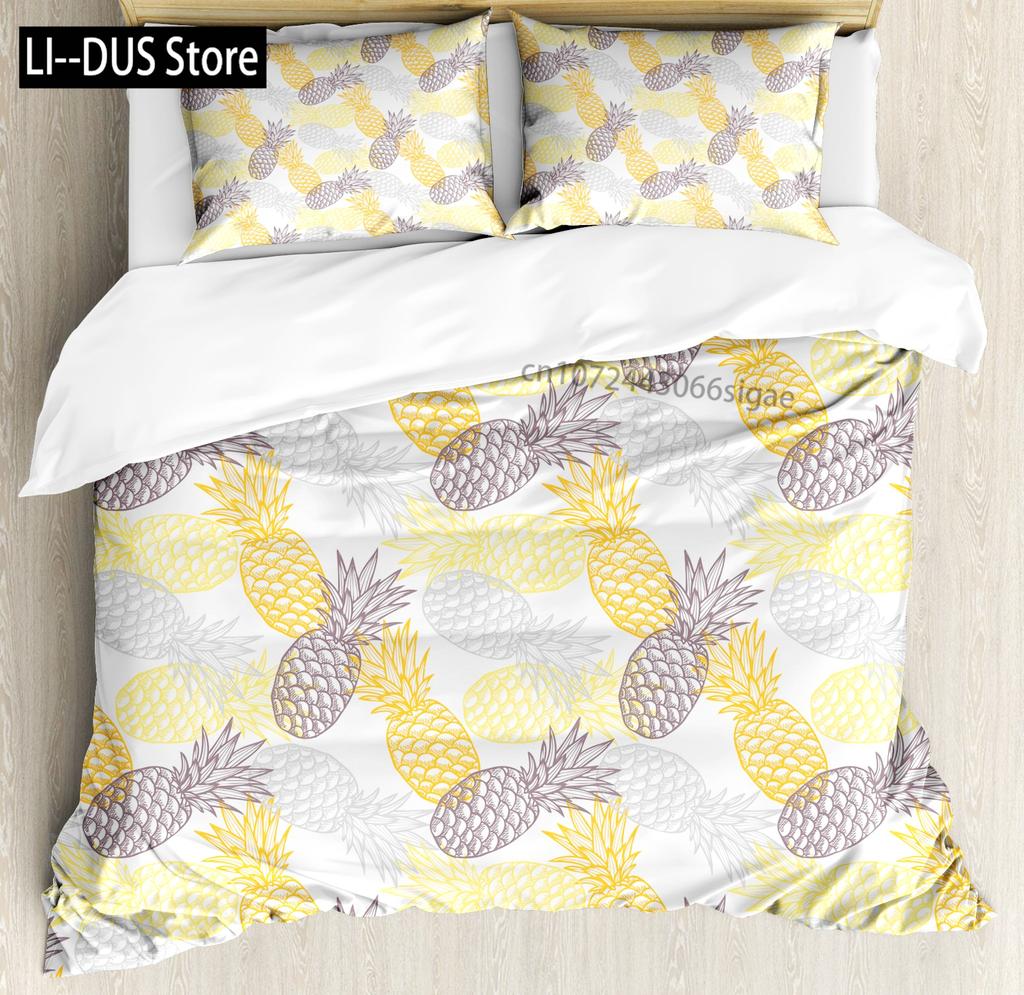 Pineapple Duvet Cover Set Tropical Theme Vintage Style Fruit Pattern Decor 3 Piece Bedding Set with 2 Pillow Shams Full Size