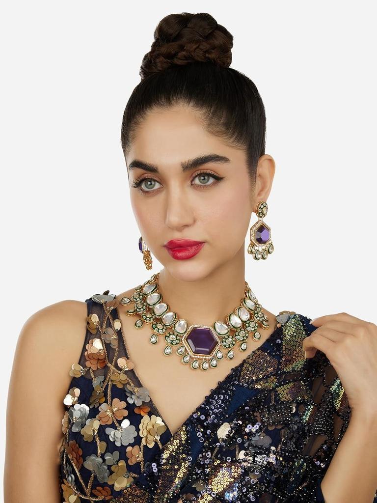 Purple Stone Green Meenakari Austrian Diamonds Necklace & Earring Set For Women