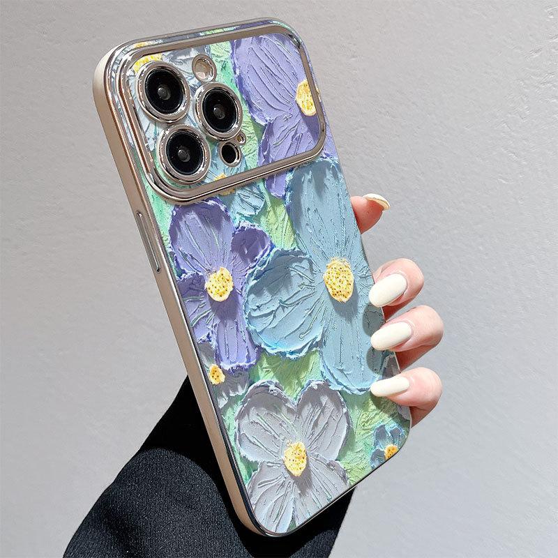Large Windows Suitable for Apple 12PRO Electroplated Flower Mobile Phone Case IPhone 15XSMAX Protective Case Anti Fall Oil Painting