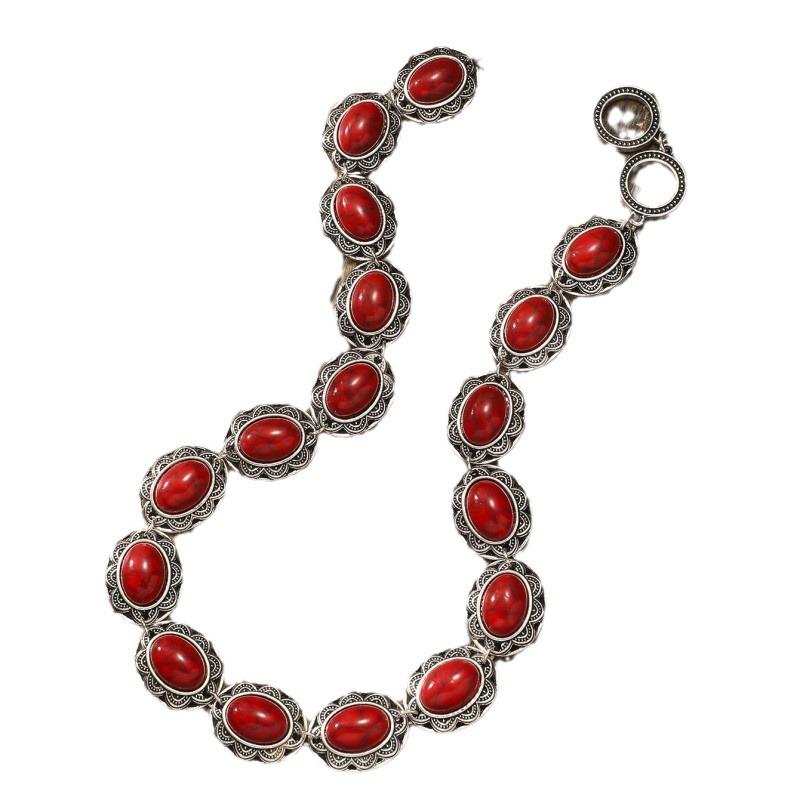 BLINGBAY Women's Chain Necklace Retro Ethnic Style Turquoise Necklace Female Personalized Carving Oval Clavicle Chain Girl Birthday Gift