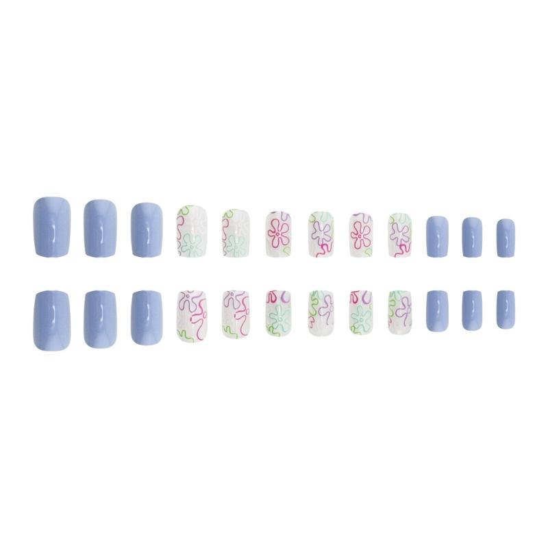 Unghii pătrate presate cu flori, unghii false adezive în 12 mărimi, 24 buc. tipsuri unghii french pentru decorațiuni nail art DIY