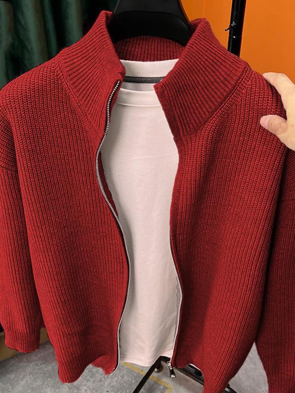 Men's Slim Fit Stand-Up Collar Zip-Up Cardigan - Versatile Solid Color Knitwear for Autumn and Winter