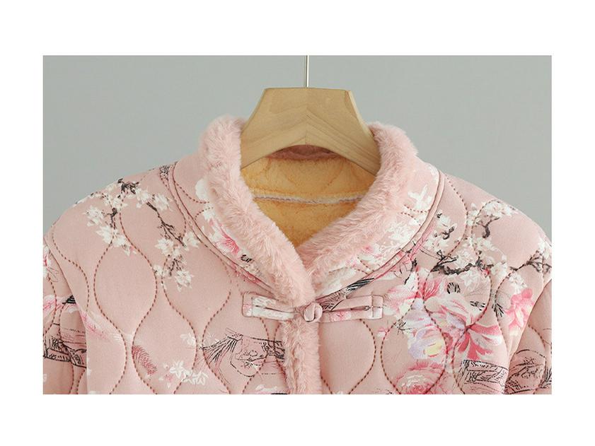 Women's Stand Collar Floral Padded Jacket - Chinese Style Winter Coat with Retro Frog Buttons and Ethnic Design, Plus Velvet for Warmth.