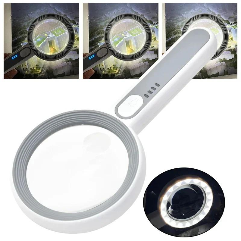 Wiederaufladbare 12x LED-beleuchtete Handlupe 3 Lichtmodi für Senioren zum Lesen, zur Schmuckinspektion und für Handarbeiten