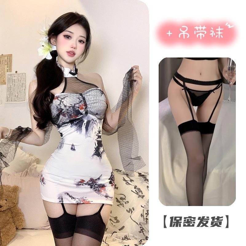 Night Crisp Sexy Underwear, Newly Improved Printed Landscape Cheongsam, Backless Slim Slit Hip Skirt, Chinese Style National Style Nightdress