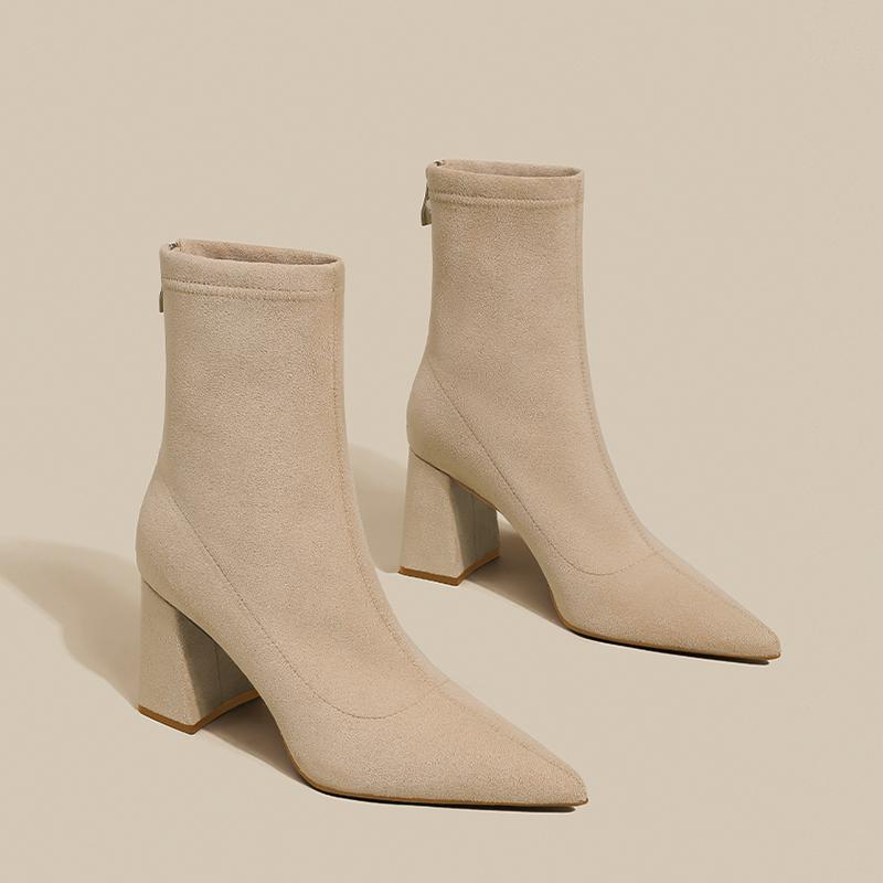 Autumn Pointed Toe Thick Heel Women Stretch Ankle Boots Fashion Elastic Slimming Female Short Booties