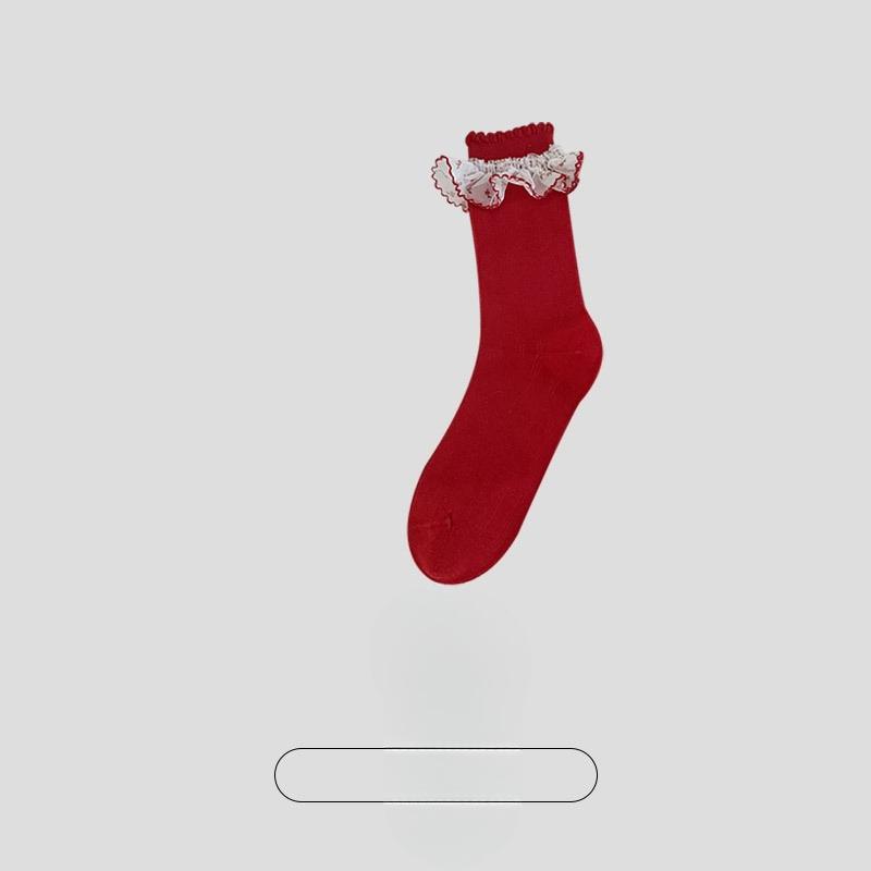 Female Spring and Autumn New Year Lace Boneless Breathable Deodorant Red Tube Stack Socks