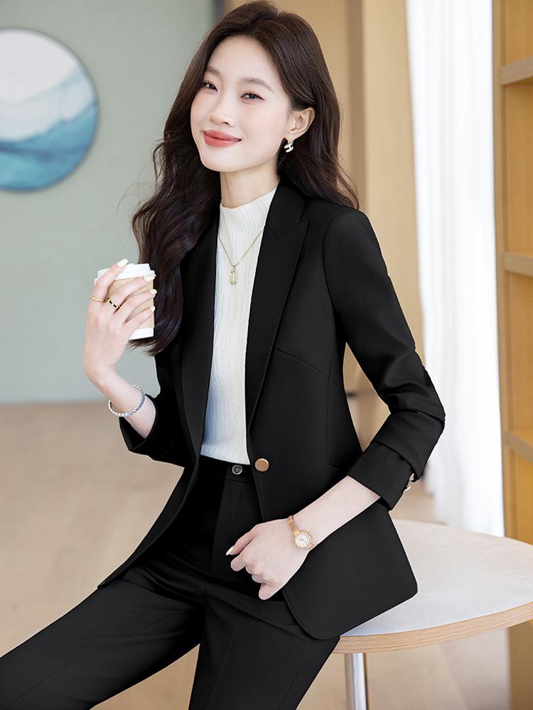 Women's Single-Breasted Navy Blue Long Sleeve Suit Jacket - Professional Spring/Autumn Formal Wear for Managers
