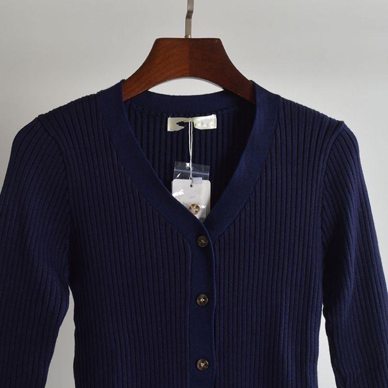 New Arrival Pure Color Minimalist V Neck Sunken Stripe Single Breasted Knitting Cardigan Women's Clothes Spring and Autumn Long-Sleeved Versatile Top