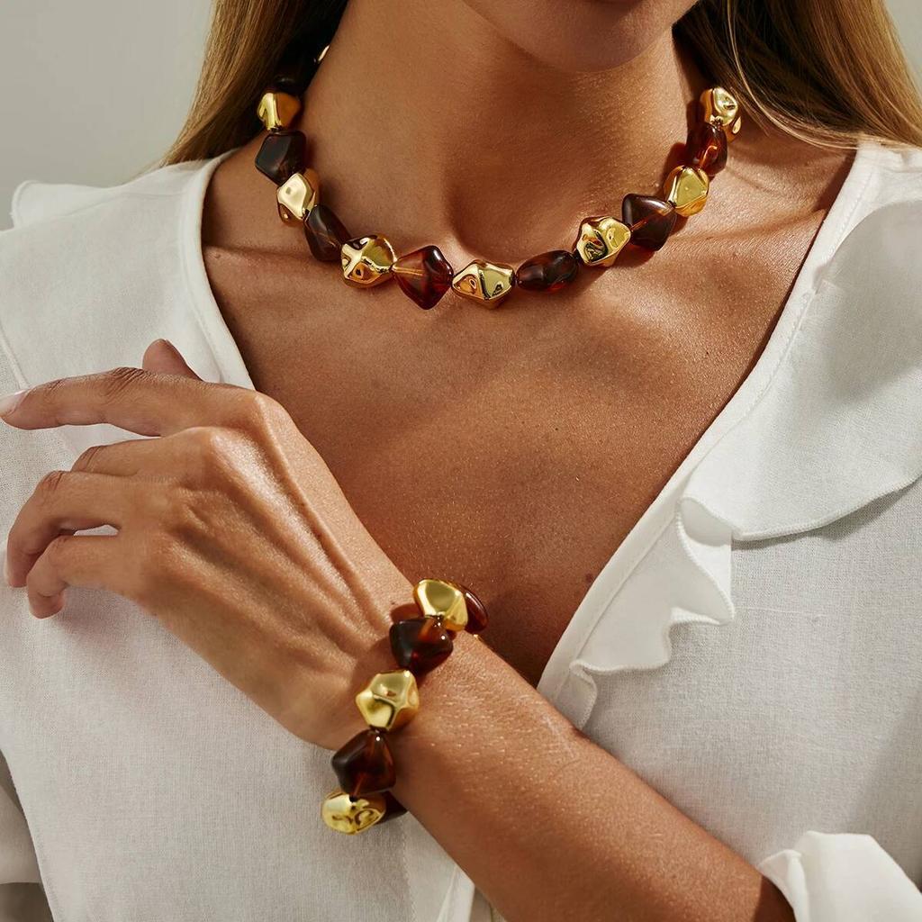 Salircon Boho Resin Acrylic Metal Beaded Necklaces Bracelets Set for Women Vintage Elegant Clavicle Choker Party Jewelry Gifts